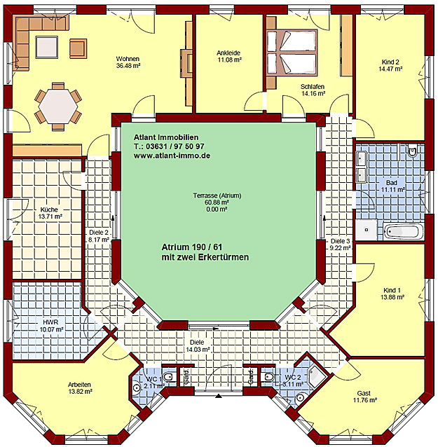 Atriumbungalow 190 / 61 mit zwei Erkern - Grundriss Erdgeschoss mit sechs Zimmern