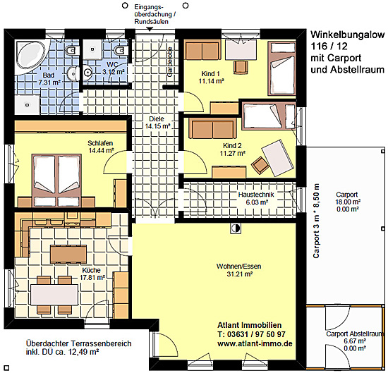 Winkelbungalow 116 / 12 mit großer Wohnküche sowie Carport + Abstellraum Grundriss Erdgeschoss 4 Zimmer Neubau Einfamilienhaus in Massivbauweise
