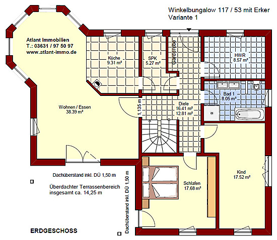 Winkelbungalow 117 / 53 mit Erker Grundriss Erdgeschoss
