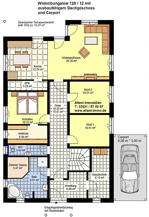 Winkelbungalow 129 / 12 mit ausbaufähigem Dachgeschoss sowie Carport Grundriss Erdgeschoss 4 Zimmer Neubau Einfamilienhaus in Massivbauweise