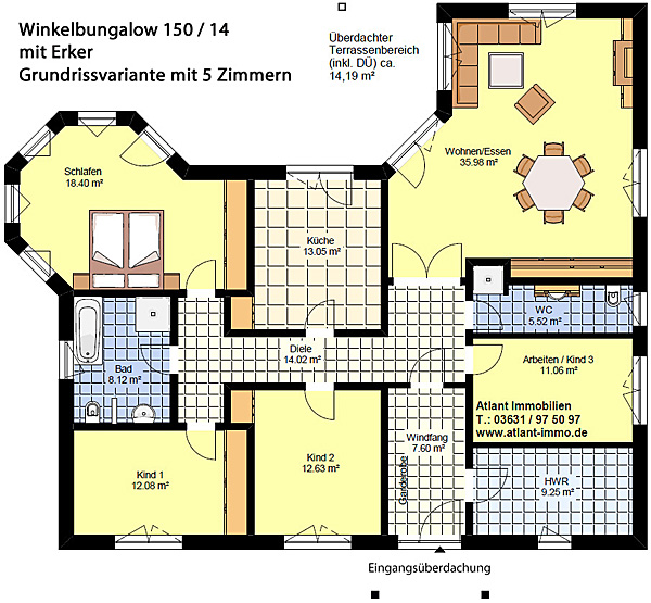 Winkelbungalow 150 mit Erker - Ausführung mit 5 Zimmern; 150 m² Wohnfläche
