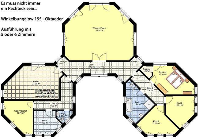Winkelbungalow 195 Oktaeder Grundriss Erdgeschoss mit 5 Zimmern