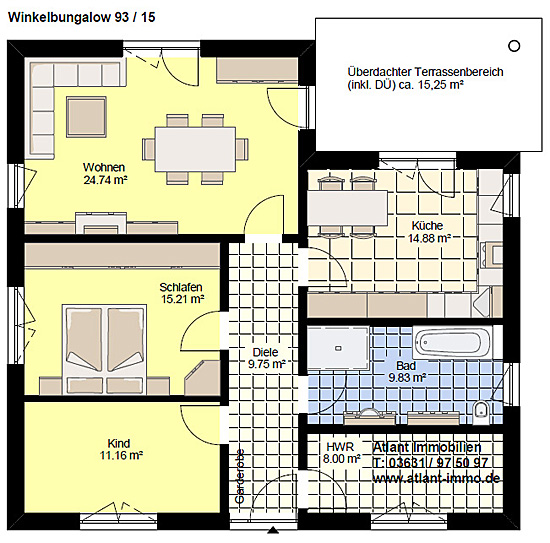 Winkelbungalow 93 / 15 mit überdachtem Terrassenbereich Grundriss Erdgeschoss 4 Zimmer